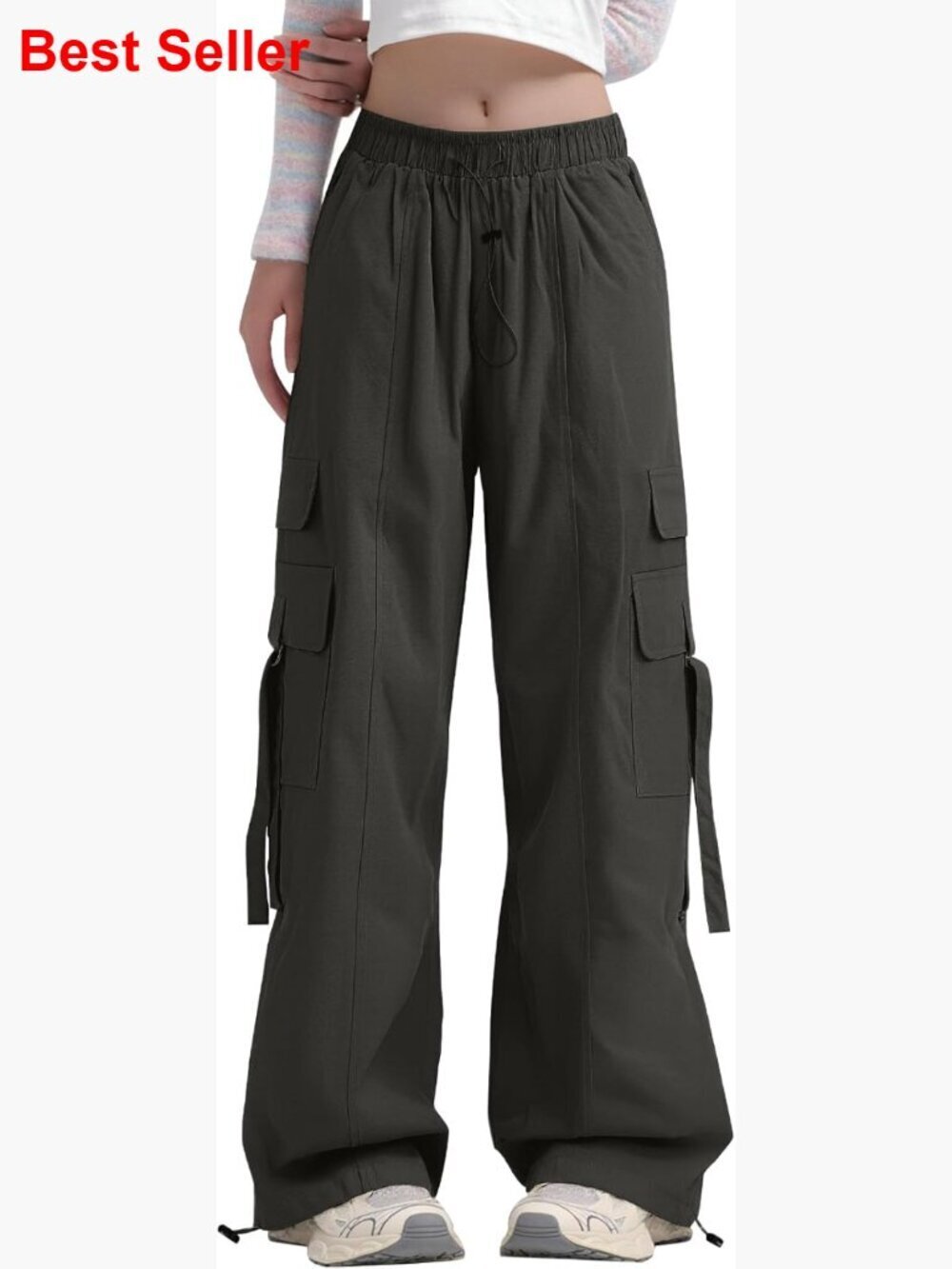 High-Waisted Wide Leg Cargo Pants with Drawstring, 100% Polyester